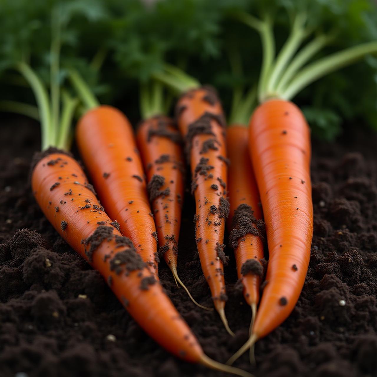 Freshly harvested organic carrots covered in dark soil